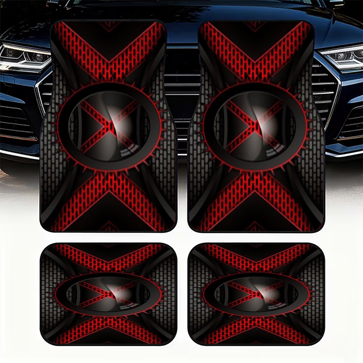 Interior Design Tech - 4枚セット 車用フロアマット、ブラック＆レッドの未来的なデザイン、ハイテク工業スタイル素材、車内装飾用、スタイリッシュ