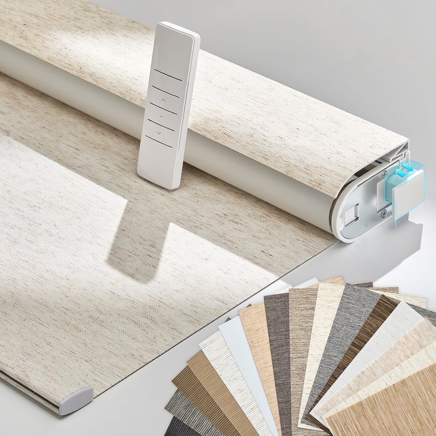 Linen Roller Blind - 2026年新デザイン、売れ筋商品、遮光リネン生地、TuyaアプリとHomeKit対応、電動式、簡単設置、穴あけ不要のローラーブラインド（家庭用）