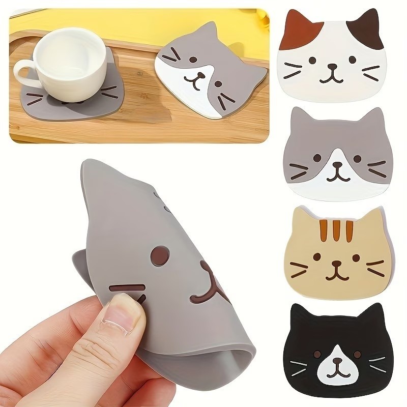 Interior Design Kitchen - シリコンコースター5枚セット – 漫画の猫のデザイン、耐熱マット、ドリンク、キッチン、家の装飾に最適