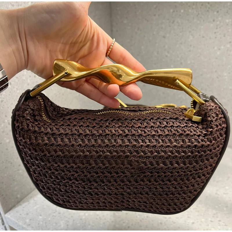 Interior Design High End - ゴールドハンドルブランド手織りハンドバッグ絶妙なハイエンドレザーリボンデザイン財布ブラウンジッパーカジュアルファッション高級ショルダーバッグ