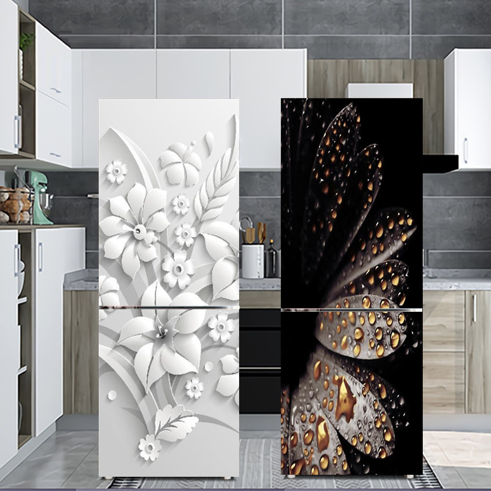 Interior Design Kitchen - 白い花の冷蔵庫の装飾ステッカー,粘着性,防水キッチン装飾壁紙,冷蔵庫のドアカバー,壁画