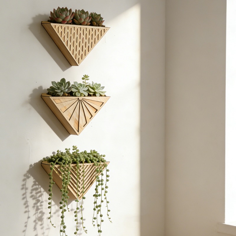 Geometric Shelf Triangle - 1個入り ライトウッド 幾何学模様 三角形フローティングシェルフ 穴あけ不要 壁掛けラック