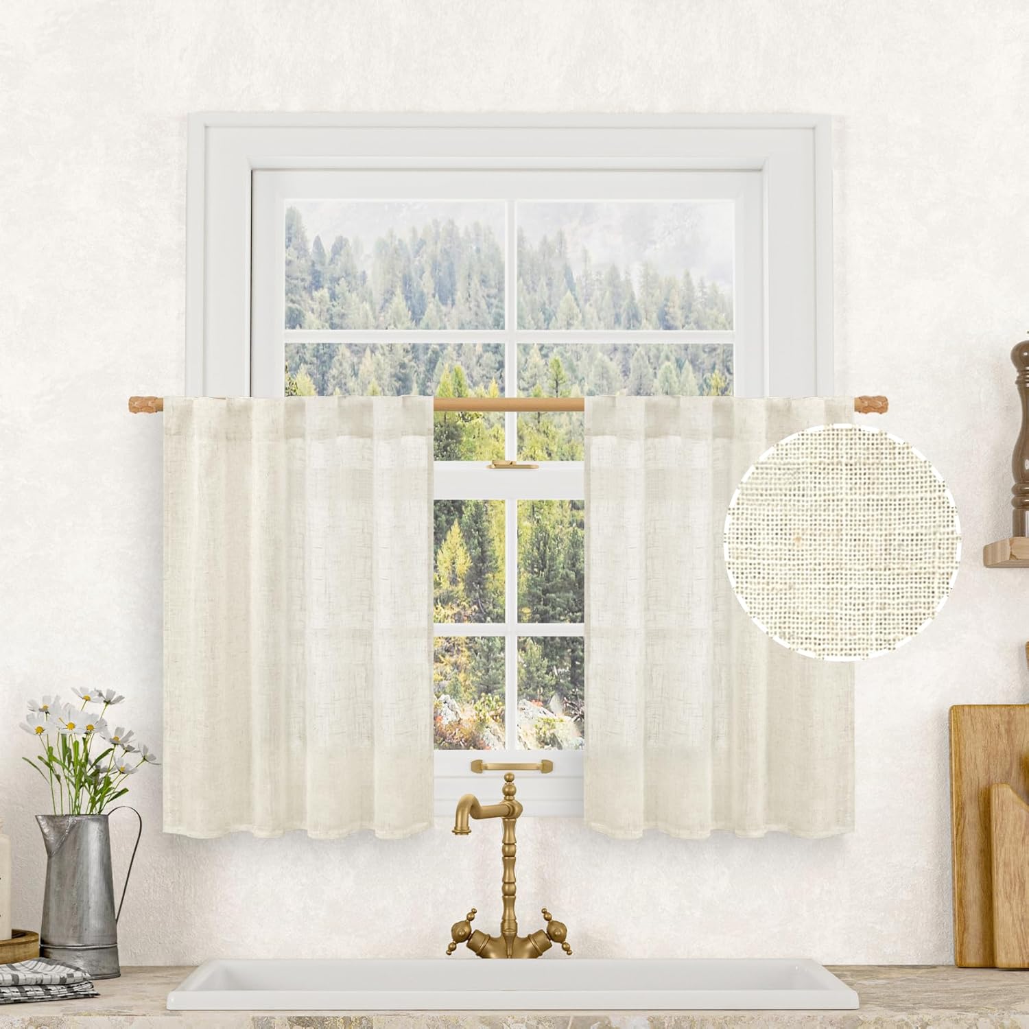 Linen Roller Blind - 2枚組 ショートリネン キッチンカーテン 36インチ 長さ ハーフウィンドウ用、クリームアイボリー